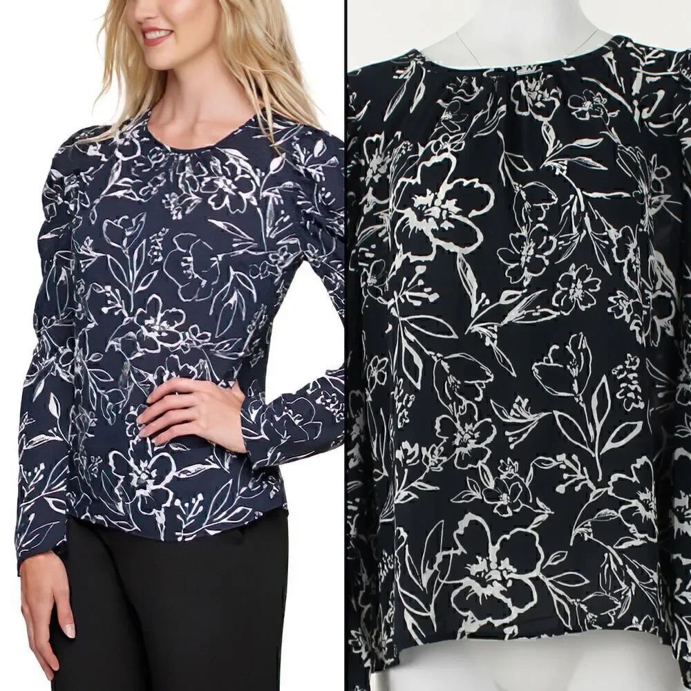 DKNY Floral-Print Puff-Shoulder Top
